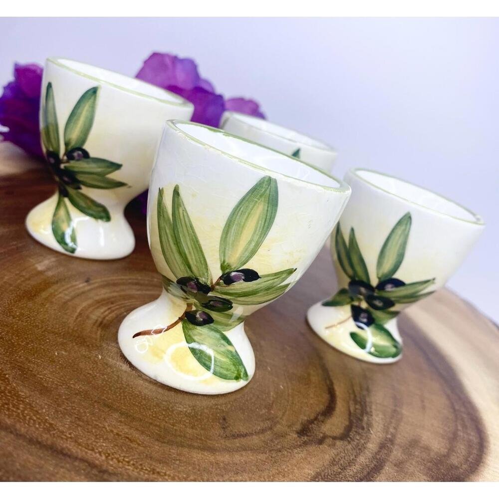 Vintage Egg Cups Hand-Painted Italian Ceramic Olive Leaf Motif Green Set Of 4